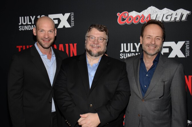 LOS ANGELES, CA - JULY 10: Corey Stoll; Executive Producer Guillermo del Toro; John Landgraf, CEO, FX Networks & FX Productions at the Premiere Event for The Strain, presented by FX Networks at the Directors Guild of America on July 10, 2014 in Los Angeles, California. (Photo by Tonya Wise/PictureGroup)