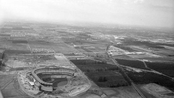 Aerial view of Anaheim Stadium construction and surrounding area, circa 1966. 