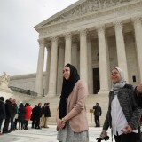 WASHINGTON, DC - FEBRUARY 25:  Samantha Elauf (C), her mother Majda Elauf (2nd R) of Tulsa, Oklahoma, and Equal Employment Opportunity Commission General Counsel David Lopez (R) leave the U.S. Supreme Court after the court heard oral arguments in EEOC v. Abercrombie & Fitch February 25, 2015 in Washington, DC. Elauf filed a charge of religious discrimination with the EEOC saying Abercrombie & Fitch violated discrimination laws in 2008 by declining to hire her because she wore a head scarf, a symbol of her Muslim faith.  (Photo by Chip Somodevilla/Getty Images)