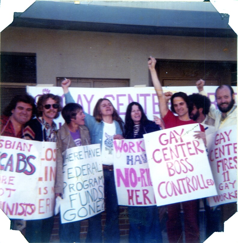 Denise Crippen and Carolyn Weathers with other demonstrators picketting the Gay Community Services Center. May 6, 1975.