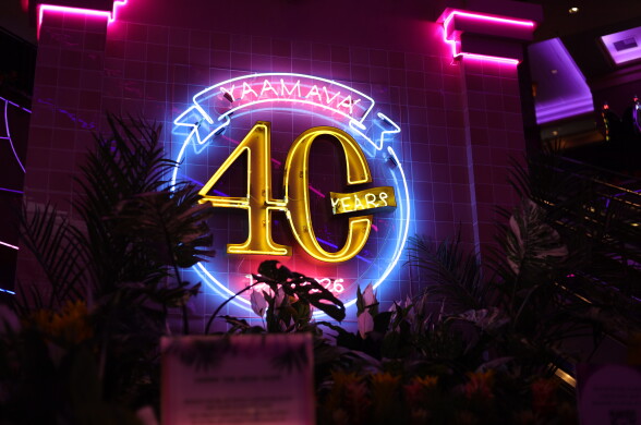 A close up of a bright blue, yellow and pink neon sign that says "40 years" and "Yaamava'." Multiple plant leaves are in the foreground.