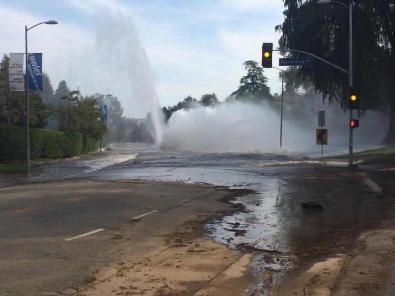 A water main break closes Sunset Boulevard from Hilgard to Veteran on Tuesday, July 29, 2014.