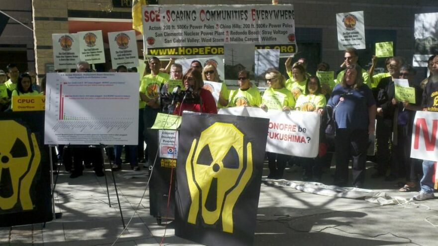 Anti-nuclear activists make their case against San Onofre outside a California Public Utility Commission meeting in Irvine. Photo: Ben Bergman/KPCC