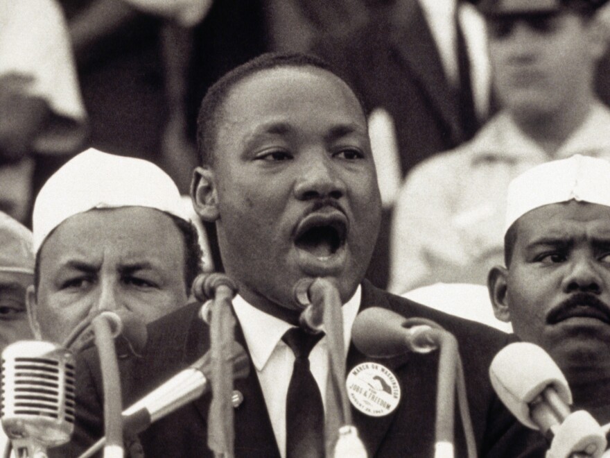 Martin Luther King Jr. gives his "I Have a Dream" speech to a crowd at the Lincoln Memorial during the March on Washington on Aug. 28, 1963.