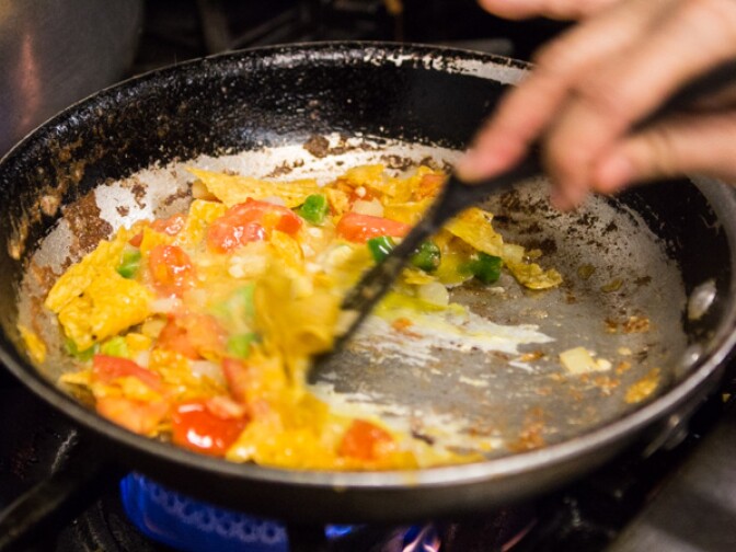 The makings of a migas taco at Joe's Bakery in Austin, Texas.