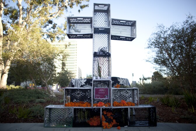 This Dia de Los Muertos altar in Grand Park titled "Remembered in Paint" is dedicated to outlaw artists.