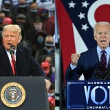 (COMBO) This combination of pictures created on October 30, 2020 shows US President Donald Trump speaks during a campaign rally at Manchester-Boston Regional Airport in Londonderry, New Hampshire on October 25, 2020.
Democratic Presidential candidate and former Vice President Joe Biden delivers remarks at a voter mobilization event in Cincinnati, Ohio, on October 12, 2020, where he will speak to the importance of Ohioans making their voices heard this election. - President Donald Trump and Democratic challenger Joe Biden are battling it out for the White House, with polls closed across the United States Tuesday -- and a long night of waiting for results in key battlegrounds on the cards. (Photos by MANDEL NGAN and JIM WATSON / AFP) (Photo by MANDEL NGAN,JIM WATSON/AFP via Getty Images)