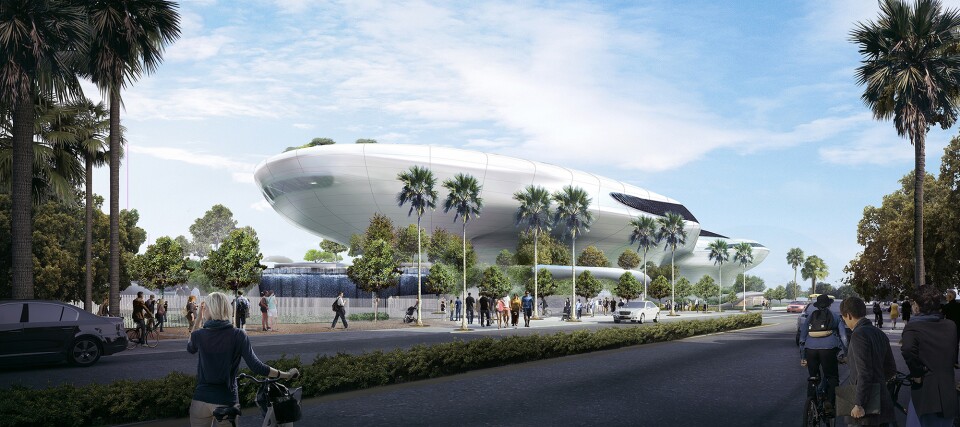 A rendering of the street view of the Lucas Museum