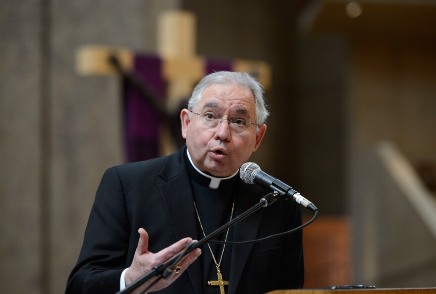 Los Angeles Archbishop Jose Gomez speaks during a news conference after celebrating the midday Mass at the Cathedral of Our Lady of the Angels in recognition of the historic selection of Cardinal Jorge Bergoglio of Argentina as pope on March 13, 2013 in Los Angeles, California. Argentinian Cardinal Jorge Mario Bergoglio was elected as the 266th Pontiff, the first non-European leader of the church in more than 1,000 years, will lead the world's 1.2 billion Roman Catholics.  