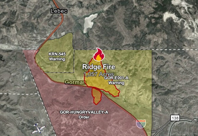 A map denoting evacuation zones for the Ridge Fire