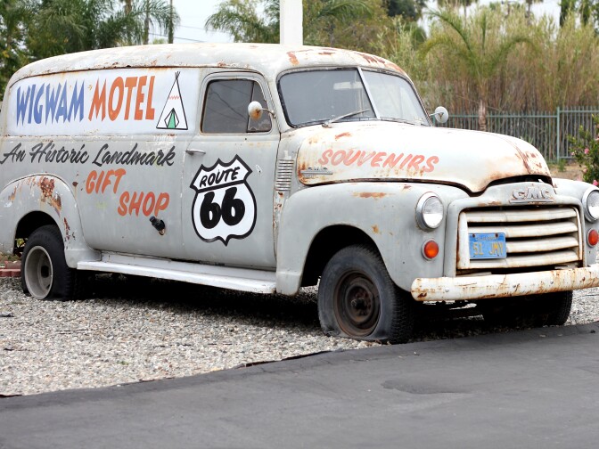 The Wigwam Motel's welcome wagon.