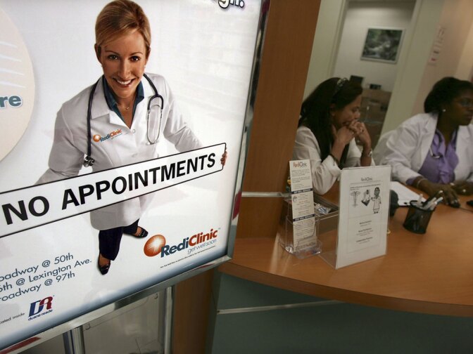 Walk-in medical centers like this RediClinic inside a New York City drugstore are increasingly treating people who either don't have a regular doctor or can't get in to see one when they need to.