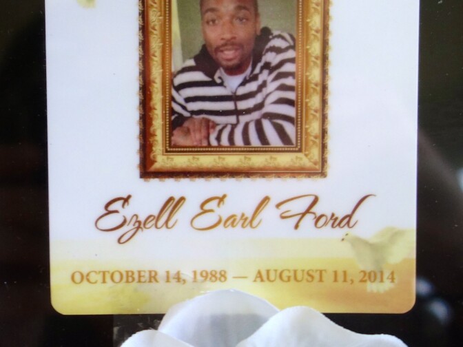 "Receiving His Scholarship to the University of Heaven" is the caption on this card distributed at Ezell Ford's memorial service. His great aunt Mahalia Jackson said a few private schools had provided him athletic scholarships in high school to play basketball.