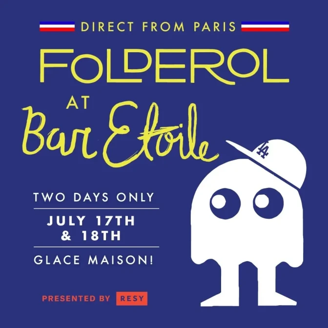 A blue poster with a white ghostlike animated character wearing an LA hat, with text reading "Direct From Paris Folderol At Bar Etoile." 