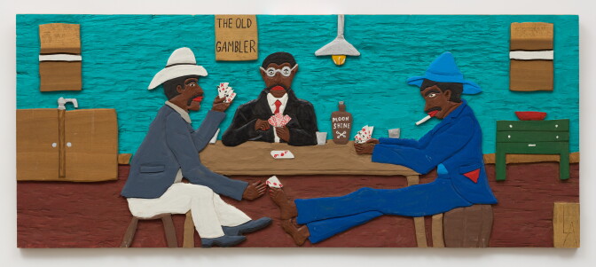 "The Old Gambler" (Leroy Almon, painted bas-relief wood carving, 15x36x0.75", 1993)