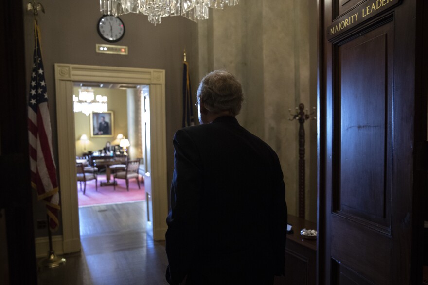 WASHINGTON, DC - OCTOBER 4: Senate Majority Leader Mitch McConnell (R-KY) leave the Senate floor and walks to his office on Capitol Hill, October 4, 2018 in Washington, DC. Supreme Court nominee Brett Kavanaugh's confirmation process was halted for less than a week so that FBI investigators could look into allegations by Dr. Christine Blasey Ford, a California professor who has accused Kavanaugh of sexually assaulting her during a party in 1982 when they were high school students in suburban Maryland. (Photo by Drew Angerer/Getty Images)