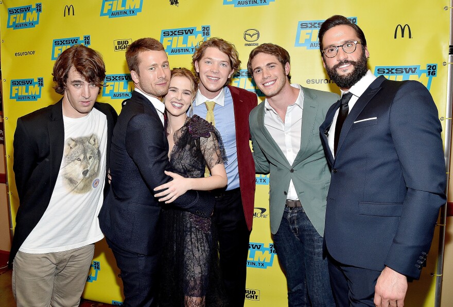 AUSTIN, TX - MARCH 11: (L-R) Actors Temple Baker, Glen Powell, Zoey Deutch, Tanner Kalina, Blake Jenner and Juston Street attend the screening of "Everybody Wants Some" during the 2016 SXSW Music, Film + Interactive Festival at Paramount Theatre on March 11, 2016 in Austin, Texas.  (Photo by Mike Windle/Getty Images for SXSW)