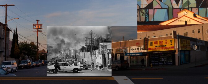 Police quell looters and fires near 924 S Vermont Ave in Koreatown on April 29th, 1992. Few Koreans received help from the city in rebuilding their stores after the riots.