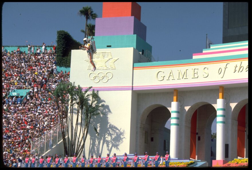 28 JUL 84:  A PERFORMER WEARING A SPACE-AGE JETPACK STUNS THE CROWD AT THE COLISEUM BY FLYING AROUND THE STADIUM DURING TODAY's OPENING CEREMONY. THE CEREMONY WAS HELD ON THE OPENING DAY OF THE 1984 SUMMER OLYMPICS IN LOS ANGELES, CALIFORNIA, UNITED STATES.