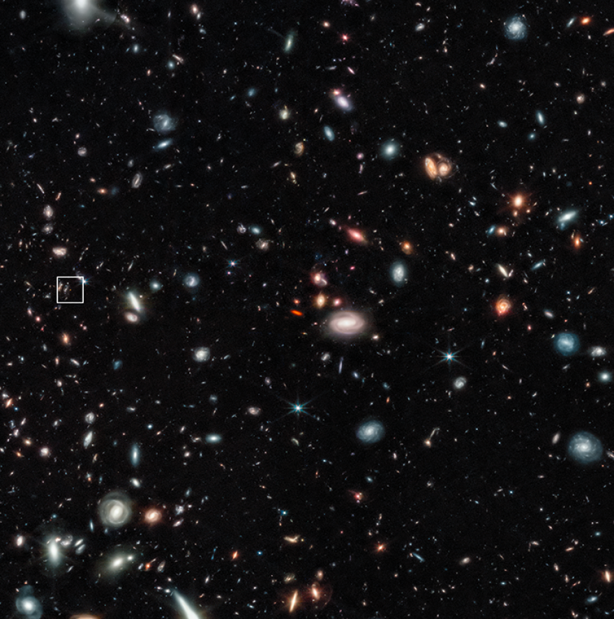 A range of colored spots blue, white, red, yellow against a black sky