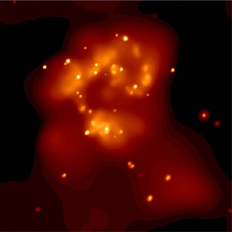 This Chandra X-ray image released 16 August, 2000 by NASA shows the central regions of two galaxies known as the Antennae Galaxies in collision.