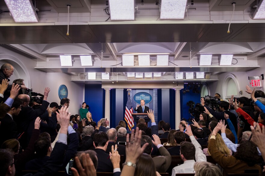 WASHINGTON, DC - JANUARY 24: White House Press Secretary Sean Spicer takes questions during the daily press briefing in the James Brady Press Briefing Room at the White House, January 24, 2017 in Washington, DC. Spicer did not offer evidence to support President Trump's claim that millions of people voted illegally. (Photo by Drew Angerer/Getty Images)