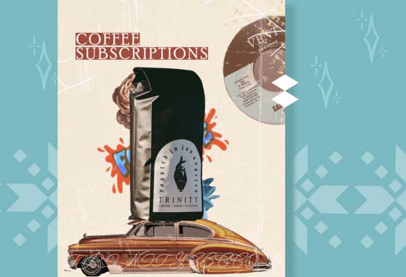 A bag of coffee sits on a car, above the word coffee subscriptions