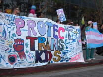 Protesters holding a sign that says various slogans in support of trans health care for youth, including, most prominently, "Protect Trans Kids."