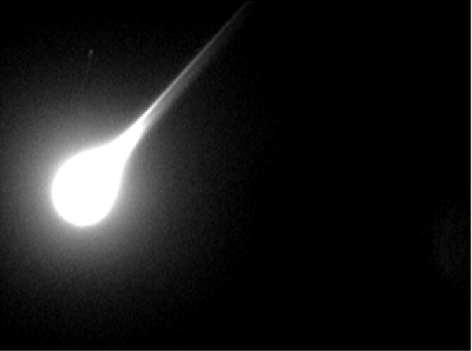 FILE: This image taken with a meteorite tracking device developed by George Varros, shows a meteorite as it enters Earth's atmosphere during the Leonid meteor shower November 19, 2002.