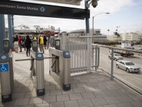 Members of the Metro board of directors take a sneak peek ride from the Culver City to Downtown Santa Monica Stations on the new Expo Line extension on Monday morning, May 9, 2016. The line opens to the public on May 20.
