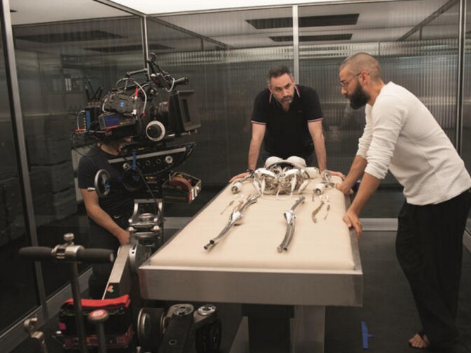 "Ex Machina" writer/director Alex Garland and actor Oscar Isaac on set. 