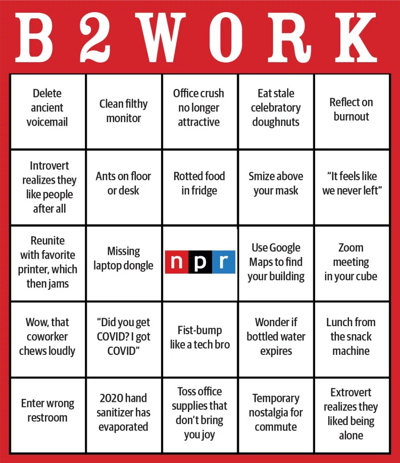 A bingo card titled "B," "2," and "WORK" at the top shows the classic game grid with the red, black, and blue NPR logo in the center box. Examples include "Introvert realizes they like people after all" and also "Reflect on burnout."