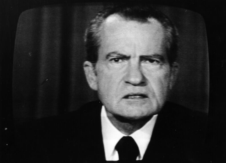 The 37th President of the United States, Richard Nixon, on a television screen.    (Photo by Keystone/Getty Images)
