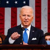 US President Joe Biden, flanked by US Vice President Kamala Harris (L) and Speaker of the House of Representatives Nancy Pelosi (R), addresses a joint session of Congress at the US Capitol in Washington, DC, on April 28, 2021. (Photo by Melina Mara / POOL / AFP) (Photo by MELINA MARA/POOL/AFP via Getty Images)