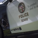 File: A hybrid police car is seen at the unveiling of two new Ford Fusion hybrid pursuit-rated Police Responder cars at Los Angeles Police Department headquarters on April 10, 2017.