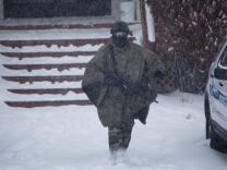 A law enforcement official exits the command center for the search for Christopher Dorner near the Bear Mountain Ski Resort on February 8.