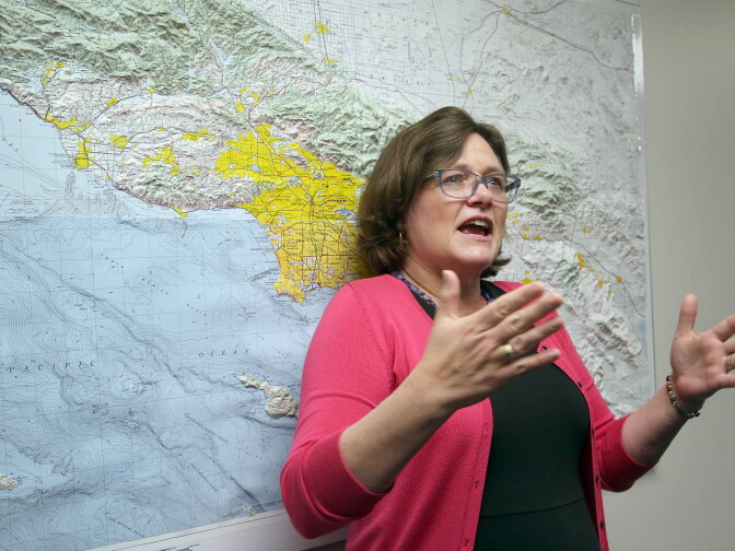 Lucy Jones, a USGS seismologist talks during a news conference at Caltech in Pasadena, Calif, on Monday, March 17, 2014. The pre-dawn quake rolled across the Los Angeles basin on Monday, rattling residents from the San Fernando Valley to Long Beach but causing no reported damage. The quake's magnitude was 4.4 and it was centered 15 miles west-northwest of the downtown civic center, according to the U.S. Geological Survey. (AP Photo/Nick Ut )