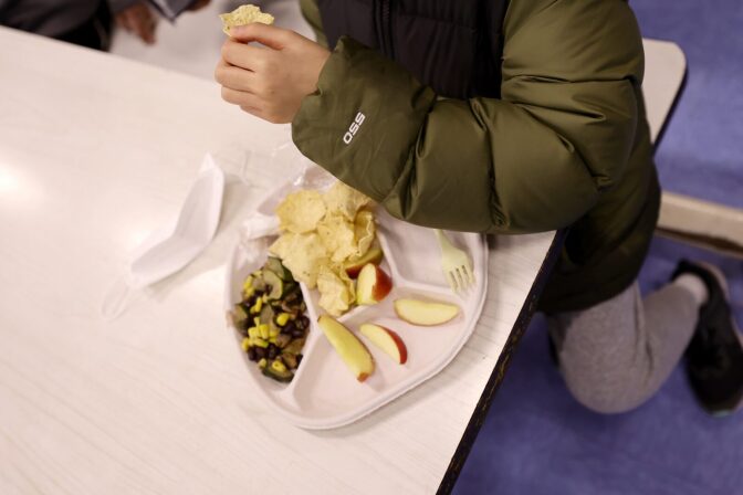 A student eats a vegan meal served for lunch at Yung Wing School P.S. 124 in New York City.