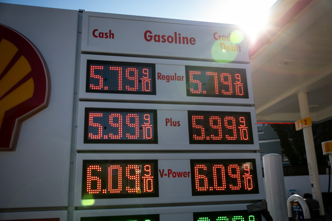Gas prices are pictured with numbers ranging from a 5.79min to 6.09max