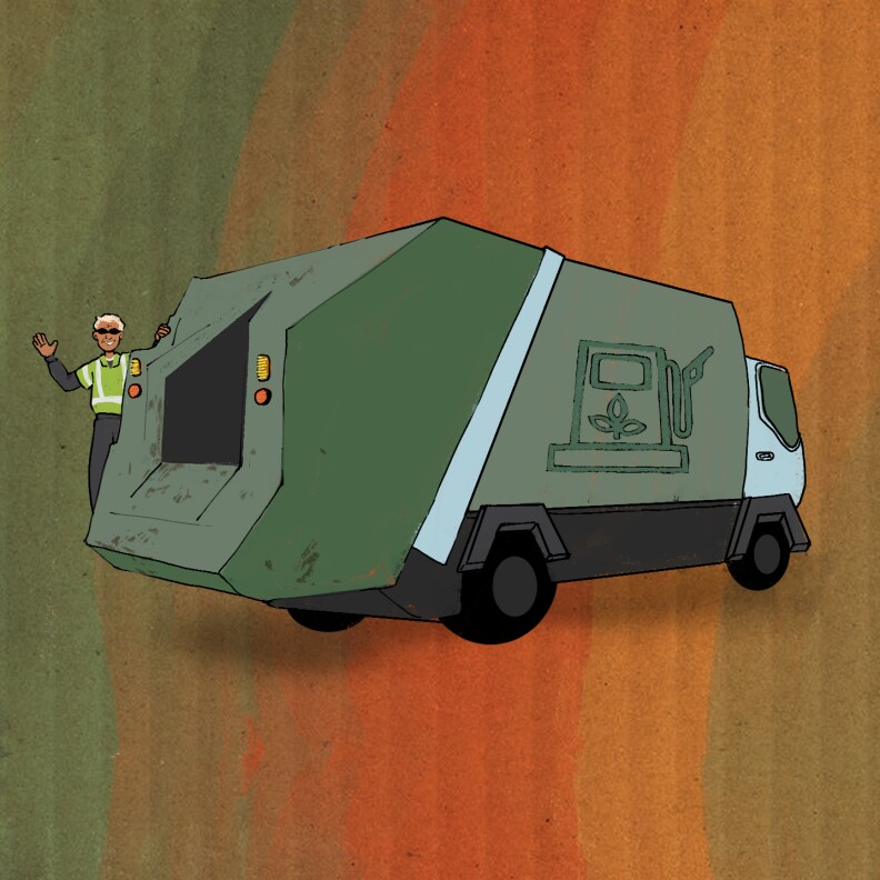 An illustration of a person waving next to a green garbage truck.