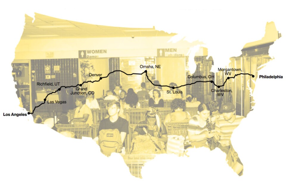 The two-week bus route from Philadelphia to Los Angeles passed through key battleground states along the way.
