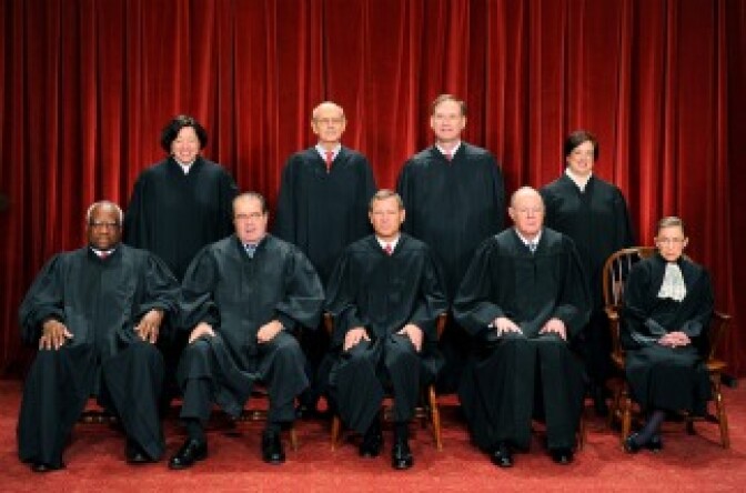 The Justices of the US Supreme Court, October 8, 2010, at the Supreme Court in Washington, DC. Front row (L-R): Associate Justice Clarence Thomas, Associate Justice Antonin Scalia, Chief Justice John G. Roberts, Associate Justice Anthony M. Kennedy and Associate Justice Ruth Bader Ginsburg. Back Row (L-R): Associate Justice Sonia Sotomayor, Associate Justice Stephen Breyer, Associate Justice Samuel Alito Jr. and Associate Justice Elena Kagan.
