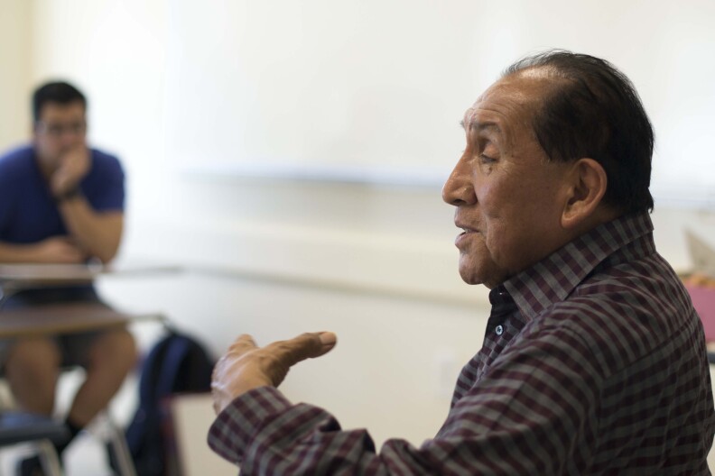 Ernest Siva shares stories with students at Cal State San Bernardino. He is trying to pass on as much as he knows of the Serrano language. 