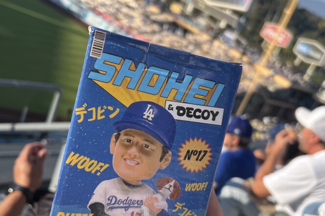 A close-up of a blue box with the words "Shohei and Decoy" displayed prominently on the back, being held up by a person's hand. The background is of a packed baseball stadium, with people wearing blue and white hats and jerseys.
