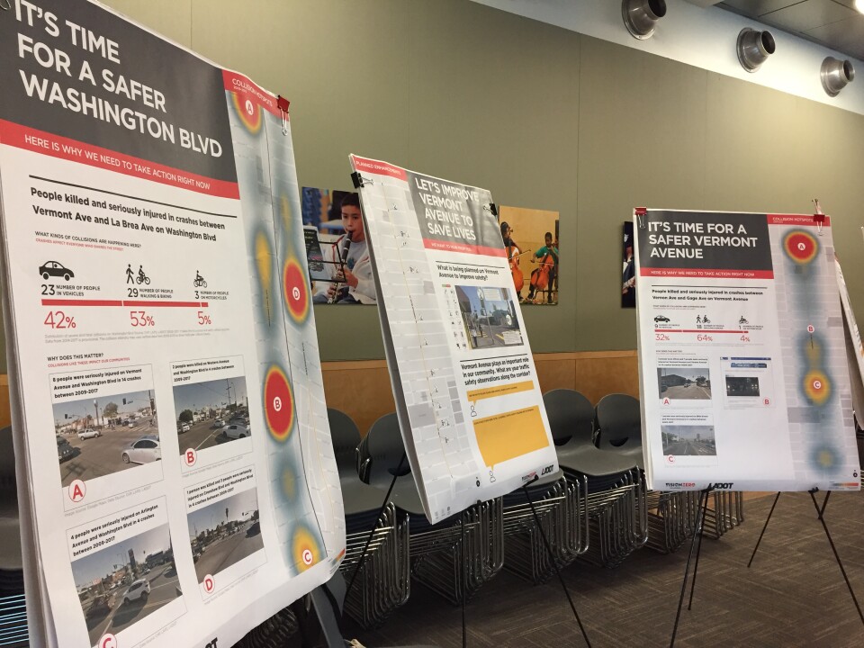 Vision Zero posters show heat maps where accidents most occur on South L.A. streets. Designs for safety improvements are also displayed.