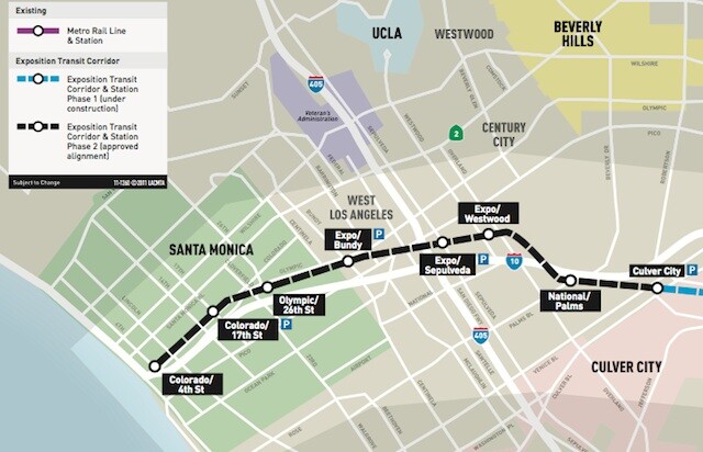 A Metro map shows the course of the Expo Line Phase 2, expected to open in 2016.