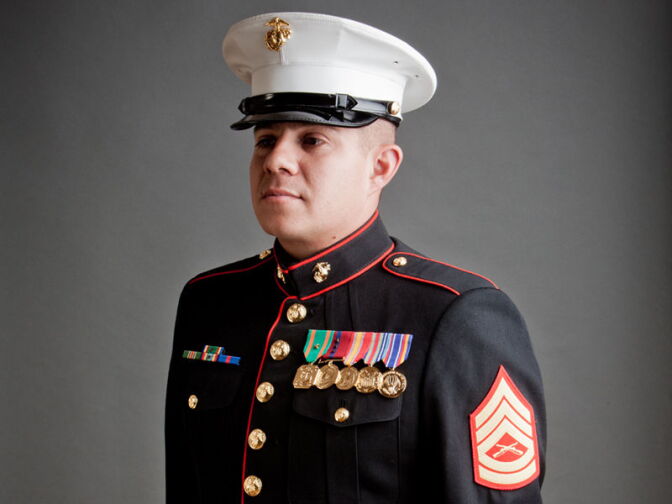 A United States Marine before deployment in photographer Ross Whitaker's studio.