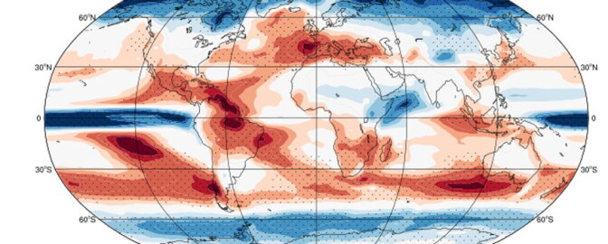 Map of projected change in frequency of dry days (in red).