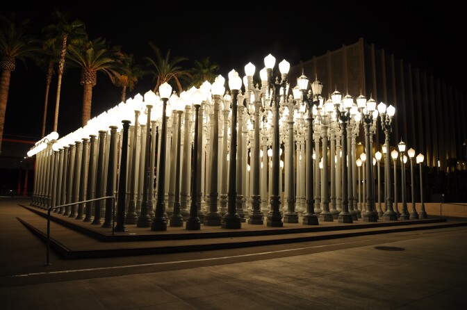 Chris Burden's iconic sculpture, "Urban Light," located in front of the Los Angeles County Museum of Art.