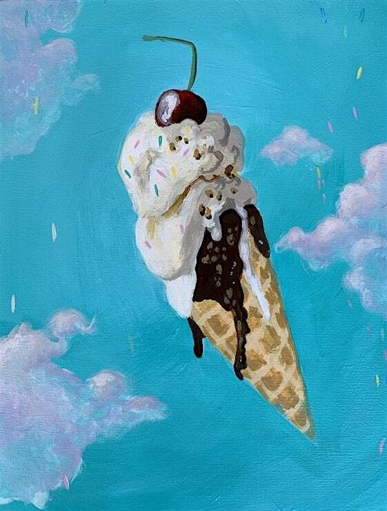 painting of ice cream with a cherry on top.